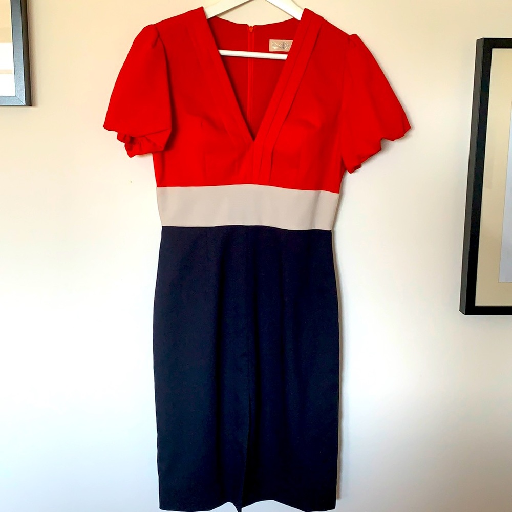 bdba red beige and dark blue fitted dress
